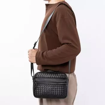 Сумка через плечо из плетеной натуральной кожи, мужская модная горизонтальная повседневная сумка через плечо, летняя легкая маленькая сумка, деловая мужская сумка чёрный