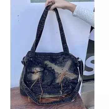 Сумка через плечо из стираного денима для женщин, большая вместительная сумка, большая сумка, новый дизайнер моды