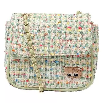 Сумка через плечо из твида АКСЕССУАРЫ Мини-сумка на цепочке с вышивкой в виде кота, милая мята [Paul & Joe] [Paul & Joe] Женская PJA-B924