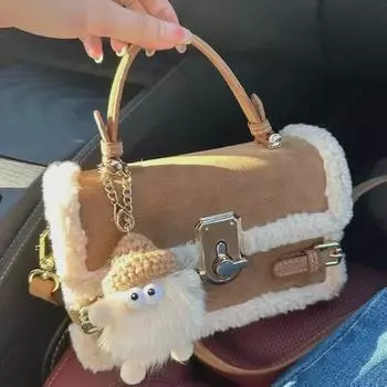 Сумка через плечо из замши из овечьей шерсти 2024 года - высококачественная маленькая квадратная сумка-мессенджер коричневый