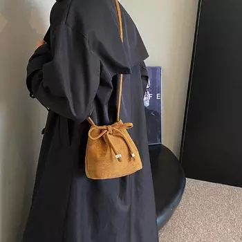 Сумка через плечо из замши с бантом, осень-зима, женская, новая винтажная, коричневая, простая, мини-сумка-ведро, мягкая кожаная сумка для телефона на шнурке Mini(Max Length<20cm)