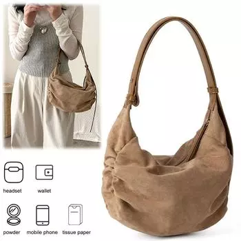 Сумка через плечо из замши с множеством карманов, сумка на плечо для женщин и мужчин, регулируемый ремень, сумка-полумесяц, рюшами для поездок на работу и обратно Black