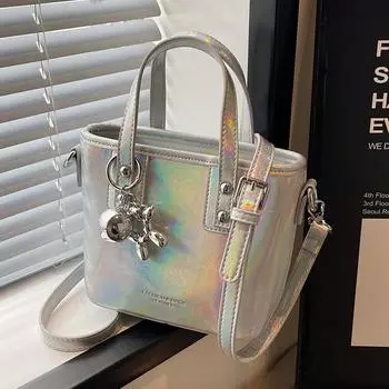 Сумка через плечо из жемчужно-серебристого цвета для женщин, новая, мягкая, из искусственной кожи, ручная сумка-ведро, осенняя мода, однотонная, на одно плечо, маленькая сумка Mini(Max Length<20cm)