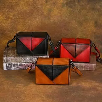 Сумка через плечо Johnature в стиле ретро, женская сумка на плечо из натуральной кожи с геометрическим рисунком и цветным принтом ручной работы чёрный
