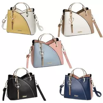 Сумка через плечо контрастного цвета из искусственной кожи, дизайнерская сумка, большая вместимость, повседневная сумка для поездок на работу с кисточкой и ручкой сверху Khaki with white