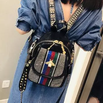 Сумка через плечо, маленькая женская сумка, ивовый гвоздь, стильная пчелка, разноцветный ромб, несколько карманов, персонализированный небольшой рюкзак. чёрный