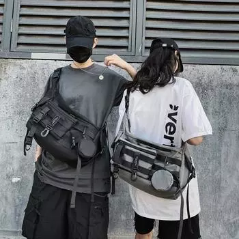 Сумка через плечо мужская японская сумка Harajuku повседневная универсальная почтальонская сумка функциональная сумка для инструментов женская сумка через плечо 15 inches. чёрный