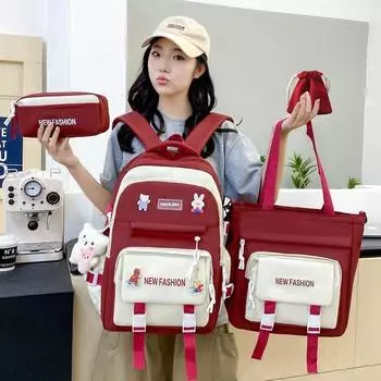 Сумка через плечо, пенал, рюкзак средней школы, подвеска, большая вместимость, рюкзак для кампуса, контрастный цвет, мужской и женский рюкзак из 5 предметов set чёрный