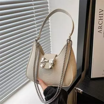 Сумка через плечо с бантом женская 2024 новая модная корейская версия нишевая сумка подмышками текстура цепочка полумесяц сумка чёрный