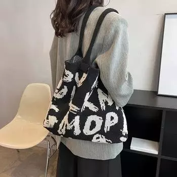 Сумка через плечо с буквенным принтом, большая вместительная сумка контрастного цвета из хлопчатобумажной ткани, летняя модная вязаная сумка ручной работы 41x2x36cm чёрный