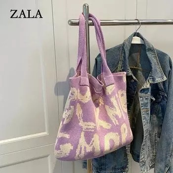 Сумка через плечо с буквенным принтом, большая вместительная сумка контрастного цвета из хлопчатобумажной ткани, летняя модная вязаная сумка ручной работы 41x2x36cm розовый