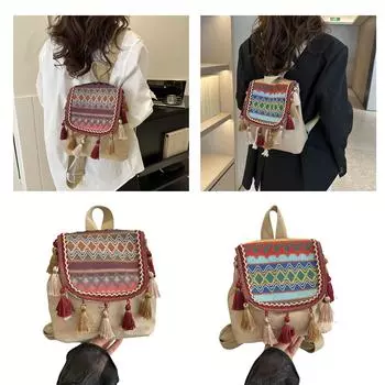 Сумка через плечо с двойным ремнем, рюкзак для девочек-студентов, универсальная сумка с кисточками, школьный рюкзак в этническом стиле для отдыха красный