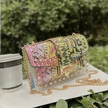 Сумка через плечо с красочным граффити-цепочкой, модная сумка через плечо с заклепками, женская маленькая квадратная сумочка с клапаном чёрный