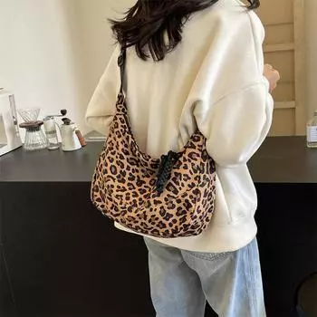 Сумка через плечо с леопардовым принтом Холстовая сумка большой вместимости для женщин бежевый