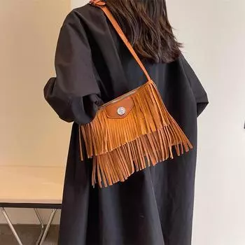 Сумка через плечо с матовой кисточкой, кожаная бархатная сумка через плечо, женская сумка чёрный