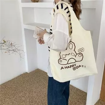 Сумка через плечо с мультяшным принтом, простая студенческая симпатичная сумка-тоут, большая вместительная холщовая сумка, женская сумка