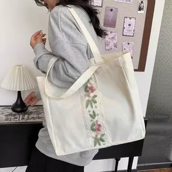 Сумка через плечо с однотонным цветочным принтом, на молнии, холщовая сумка с милой вышивкой, женская сумка-тоут чёрный