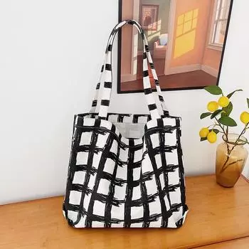 Сумка через плечо с принтом в клетку, вместительная, женская, из холста чёрный