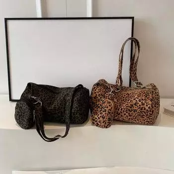 Сумка через плечо с широким ремнем, модная женская сумка на одно плечо, сумка-подушка с леопардовым принтом и кошельком для денег 27x14x16cm коричневый