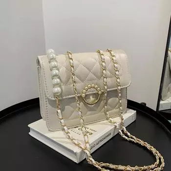 Сумка через плечо с текстурной цепочкой для женщин, модная корейская версия, однотонная сумка через плечо из искусственной кожи с жемчугом, маленькие квадратные сумки Mini(Max Length<20cm)