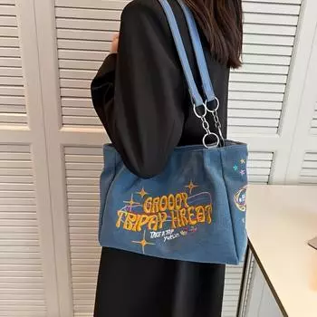 Сумка через плечо с вышивкой буквами, винтажная джинсовая большая сумка, модная сумка для школы, работы, путешествий синий