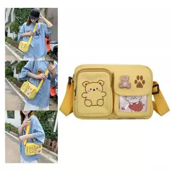 Сумка через плечо с вышивкой в виде милого медведя, холщовый кошелек через плечо, стильная сумка-мессенджер, квадратная сумка, студенческая сумка для девочек-подростков белый