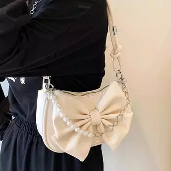 Сумка через плечо с жемчужной цепочкой и бантом для женщин, маленькая подмышечная сумка, универсальная, роскошная текстура, сладкая летняя мода
