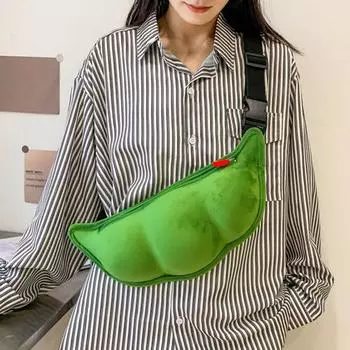 Сумка через плечо в форме зеленой сои, плюшевая сумка на молнии, нагрудная сумка с регулируемым ремнем для походов и активного отдыха на свежем воздухе зелёный