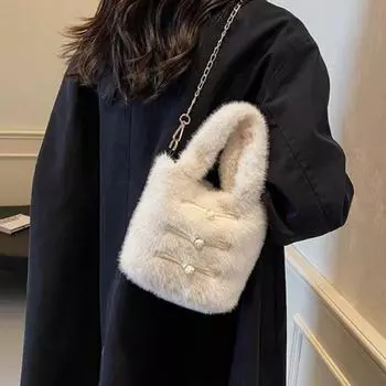 Сумка через плечо в китайском стиле в стиле ретро для женщин, сумка через плечо из меха, универсальная сумка-ведро, простая цепочка, новая мода на осень и зиму