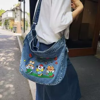 Сумка через плечо женская модная повседневная печатная джинсовая сумка для девушек ленивая уличная студенческая сумка через плечо чёрный