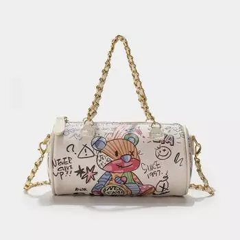 Сумка-цилиндр из искусственной кожи Bear Graffiti Mini для женщин, сумка на плечо, цепочка, полный комплект, винтаж, новый