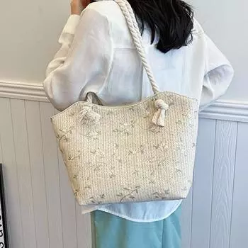 Сумка цвета хаки, бежевая, женская, плетеная, на молнии, соломенная, наплечная, пляжная бежевый