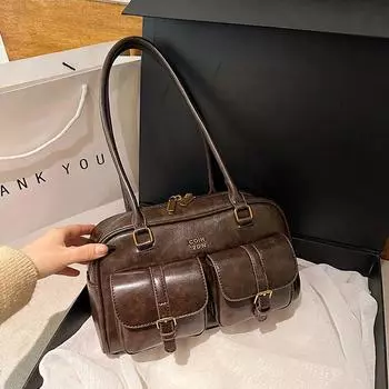 Сумка для боулинга женская 2025 Новое поступление Мода Прилив Ретро Сумка под мышкой Универсальная Большая вместимость На плечо Сумка для поездок Coffee without pendant -6211