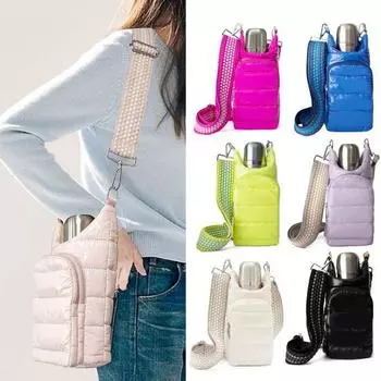 Сумка для бутылки с водой из хлопка с регулируемым ремешком, двумя карманами на молнии, водонепроницаемая, для походов и путешествий, держатель для питьевой бутылки, сумка для хранения синий