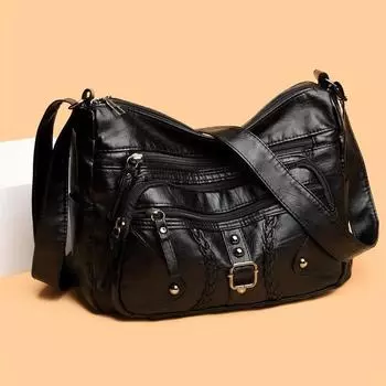 Сумка для дамы среднего возраста, многослойная, мягкая кожаная, модная, многофункциональная, большая вместимость, сумка через плечо на одно плечо чёрный
