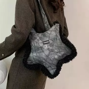 Сумка для девочек в форме звезды, пушистая, повседневная, на молнии, мягкая, модная, винтажная, вместительная, сумка через плечо, кошельки и сумки, универсальные