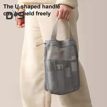 Сумка для душа, пляжная косметичка, застежка-молния, большая вместимость, однотонная полая сетчатая косметичка с ручкой серый