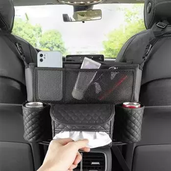 Сумка для хранения автомобильного сиденья, автомобильный органайзер, держатель для сумки, салфетка, напиток из искусственной кожи, средний ящик для автокресла, подвесной карман чёрный