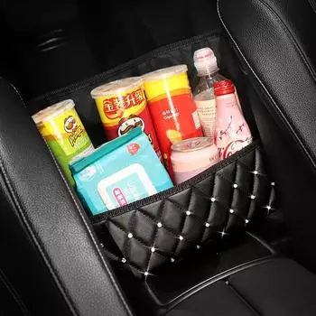 Сумка для хранения центрального сиденья автомобиля Bling Crown со стразами, многофункциональная, из ромбовидной кожи, для подвешивания на спинку сиденья автомобиля, карман для сумки