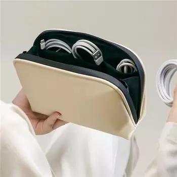 Сумка для хранения цифровых данных из искусственной кожи, косметический чехол большой емкости, водонепроницаемая сумка для хранения мобильного телефона, кабель для передачи данных, сплошной цвет бежевый