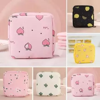 Сумка для хранения гигиенических салфеток, внутренний карман с мультяшным принтом, застежка-молния, большая вместимость, с ремешком на запястье, косметические наушники, ключи для хранения ювелирных изделий