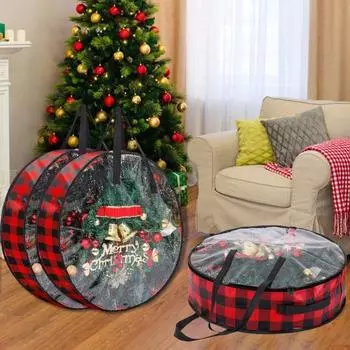 Сумка для хранения гирлянды, клетчатый узор, контейнер для хранения рождественского венка с прозрачным окном для домашнего праздника красный