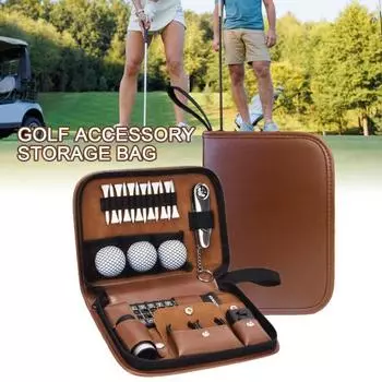 Сумка для хранения гольфа Сумка для гольфа из искусственной кожи Органайзер для аксессуаров для гольфа Чехол для мячей Кисточка для дальномера Ти для гольфа Нож для подсчета очков Зажим для мяча для гольфа темно-коричневого
