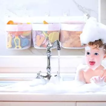 Сумка для хранения игрушек Прозрачная сетка Большие три кармана Вместимость Большие полые отверстия Устойчивость к плесени Дышащий Быстросохнущий органайзер для игрушек для детской ванны белый