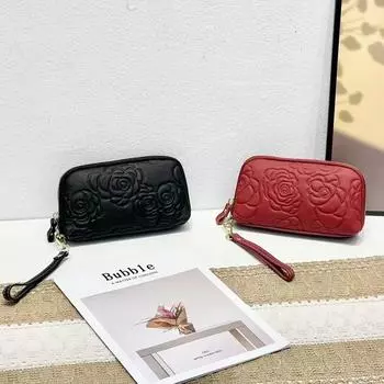 Сумка для хранения из натуральной кожи, сумка на молнии, сумка для карточек, сумка для мобильного телефона из коровьей кожи с тиснением в виде ретро-розы, сумка для мелочи. чёрный