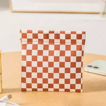 Сумка для хранения Клетчатый принт Гладкая искусственная кожа Автоматическая застежка Водонепроницаемая Легкая портативная линия передачи данных Губная помада Чехол для наушников L чёрный