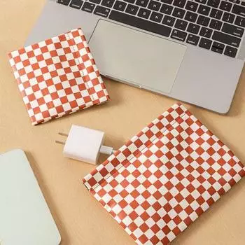 Сумка для хранения Клетчатый принт Гладкая искусственная кожа Автоматическая застежка Водонепроницаемая Легкая портативная линия передачи данных Губная помада Чехол для наушников L чёрный