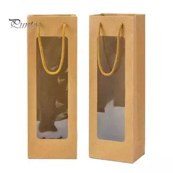 Сумка для хранения красного вина, плотная бумага, усиленное дно, прозрачное окно, дизайн, свадебная вечеринка, многоразовая сумка для спиртных напитков с ручкой коричневый