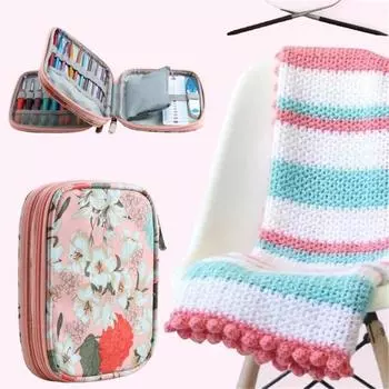 Сумка для хранения крючком Yousheng, два отделения, сетчатые карманы, резинки, цветочный принт, портативный чехол для вязания крючком для путешествий и вязания зелёный