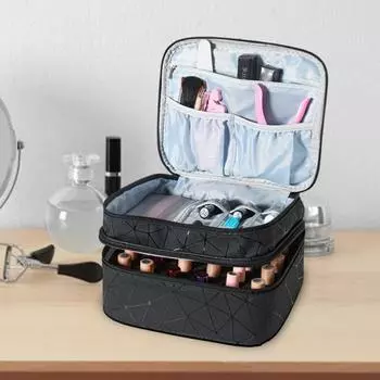 Сумка для хранения лака для ногтей, двухслойная, очень большая вместимость, дизайн ручки, застежка-молния, устойчивая к царапинам чёрный
